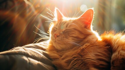 Obraz premium Capture an orange cat basking in a warm sunbeam, highlighting its love of comfort