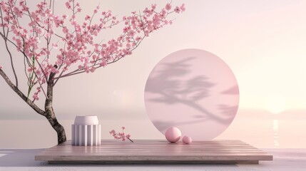 3D render pastel pink podium with Sakura flowers for products