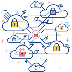 Fototapeta na wymiar A network of clouds connected by doodle lightning bolts to represent fast, secure data transfer, with padlocks on each connection point