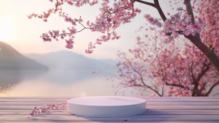 3D render pastel pink podium with Sakura flowers for products