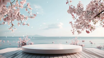Fototapeta na wymiar 3D render pastel pink podium with Sakura flowers for products