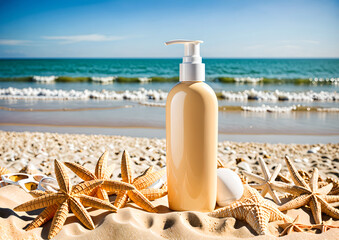 Sun cream bottle mock-up on the beach