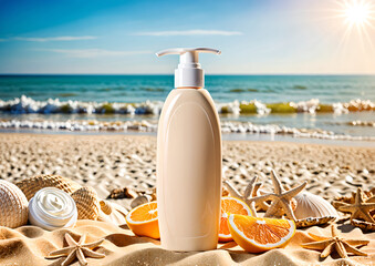 Fototapeta na wymiar Sun cream bottle mock-up on the beach