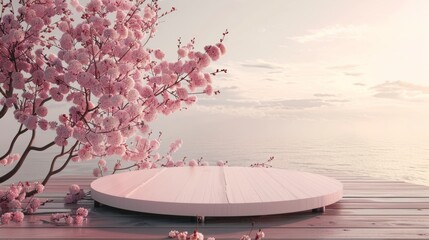 3D render pastel pink podium with Sakura flowers for products