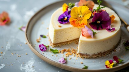 Obraz na płótnie Canvas Adorn the cheesecake with edible flowers for a touch of elegance and whimsy