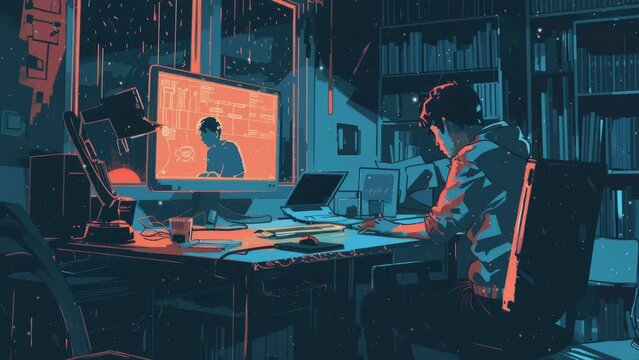 Illustration of a teen ager studing at night.. Lo-fi style. Lofi
