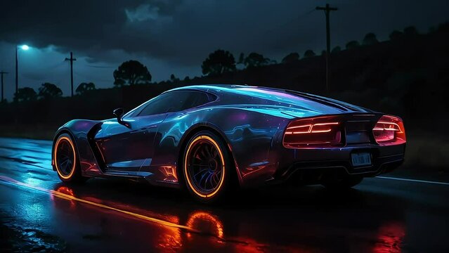 futuristic sport car on the road at night with neon lighting effects.