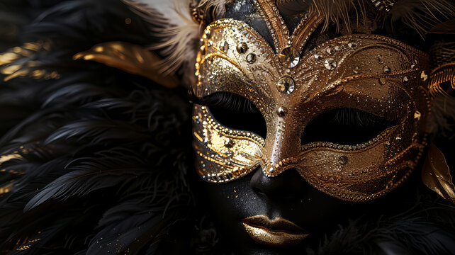 An enigmatic masquerade mask adorned with feathers whispers tales of mystery. AI Generative.