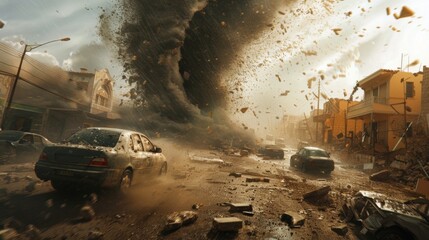 Obraz premium The force of a tornado lifts cars and demolishes buildings leaving behind a trail of destruction in its path.