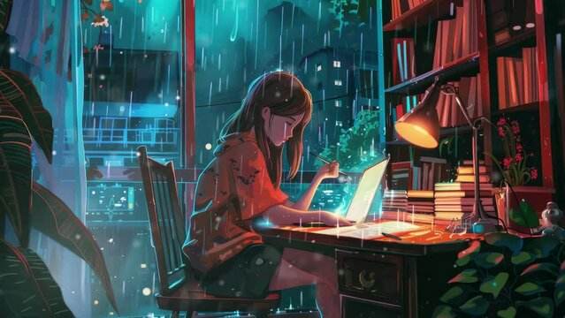 Lofi Girl Studying At Her Desk. Rain Ourside, Beautiful Chill, Atmospheric Wallpaper. 4K Background. Lo-fi, Hip-hop Style. Anime Manga Style. Lofi