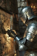Naklejka premium Medieval Knight Analyzing Financial Territory Map for Strategic Conquest