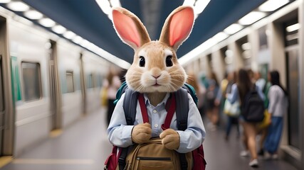 Bunny with School Bag Ready for Adventure, Cute Rabbit with Backpack Boarding the Train, Cartoon Bunny with School Bag Embarking on a Journey, Illustration of Bunny with Backpack Waiting for the Train - obrazy, fototapety, plakaty