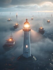 A Lighthouse Guiding the Way for Various Industries Through Foggy Seas of Business Strategy and Analysis - obrazy, fototapety, plakaty