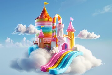 A solitary 3D cartoonstyle castle made of ice cream and candy, located on a cloud, with a rainbow slide spiraling down to an unseen wonderland below, 