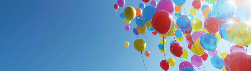 Balloons floating, clear blue sky, cheerful, wide angle, 