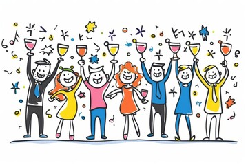 Fototapeta premium Cartoon cute doodles of a successful business launch party, with characters toasting to their achievements and looking forward to a bright future, Generative AI