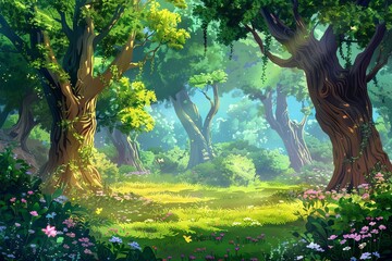 A serene, enchanted woodland glade with towering fairytale trees, lush foliage, and magical creatures, Digital Painting - obrazy, fototapety, plakaty