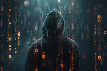 Image of a man in a hoodie, with a background of binary numbers, providing ample copy space, conveying the concept of a hacker in the digital world. - obrazy, fototapety, plakaty