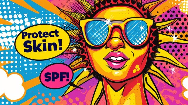 A vivid pop art style depicts a figure of sun wearing sunglasses, urging sun protection with a Protect Skin! SPF! message