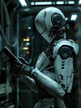 3D render of a robot holding a smartphone in a dark room, with a black background, in the style of high resolution photography, insanely detailed and intricate, with cinematic lighting