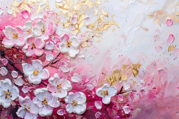 Abstract painted white and pink cherry blossoms with gold details, oil acrylic canvas texture