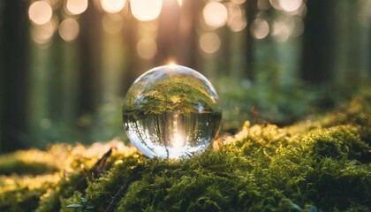 crystal ball on moss in green forest environment concept ecology and sustainable environment of the world