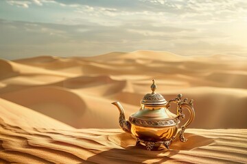 Antique Oriental gold teapot in vast desert sand dunes, surreal still life concept