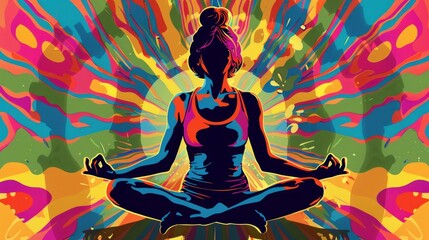 A woman is seated in a lotus position, practicing yoga, Pop Art illustration