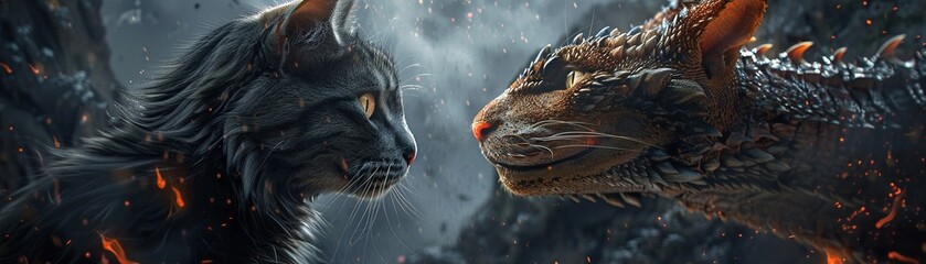 A cat and dragon face each other, the front view of their faces facing towards the camera The background has a dark grey color with some small fire particles flying around The scene looks like an epic