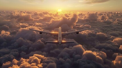 Commercial planes are flying above the clouds during the sunset. - obrazy, fototapety, plakaty