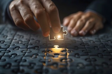 Businessman Fitting Puzzle Piece Into Larger Puzzle Symbolic of Solutions and Strategic Planning - obrazy, fototapety, plakaty