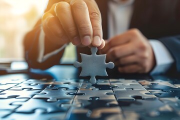 Businessman Fitting Puzzle Piece into Larger Puzzle Symbolizing Solutions and Strategic Decision Making - obrazy, fototapety, plakaty