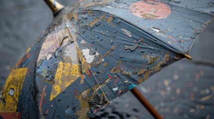 A closeup of a solitary umbrella its handle worn from years of use adorned with stickers and design patches that tell the story of its owners travels and adventures.