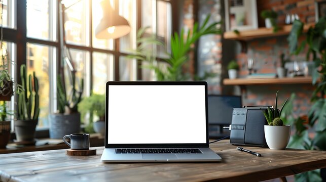 Creative Designer's Workspace: Blank Screen Laptop for ads concept