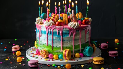 A vibrant cake with colorful frosting dripping down the sides, decorated with macarons, candies, and lit candles, isolated on a black background - obrazy, fototapety, plakaty