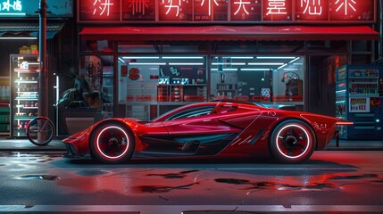 a red futuristic concept car parked in front of the store, , 8K