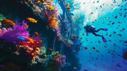 A diver swimming through a colorful shipwreck with schools of fish inhabiting its nooks and crannies, highlighting the history and life within shipwrecks - obrazy, fototapety, plakaty
