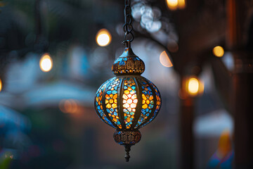 islamic ramadan lantern lights with bokeh background