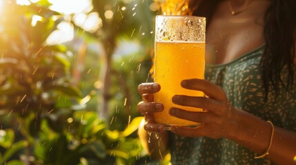 Showcase a person sweating during a summer activity and reaching for a glass of juice, emphasizing the rehydrating properties of the drink - obrazy, fototapety, plakaty