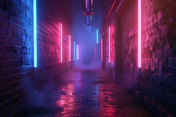 Dark, empty alleyway with old brick walls and neon lights, foggy atmosphere, grungy urban night scene, 3D illustration