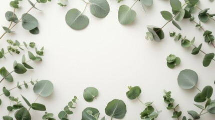 Frame made of eucalyptus branches on white background. Flat lay, top view, mock up