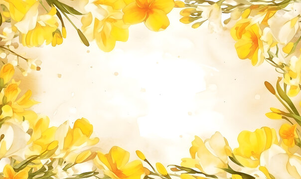 yellow freesia frame watercolor background, Generative AI