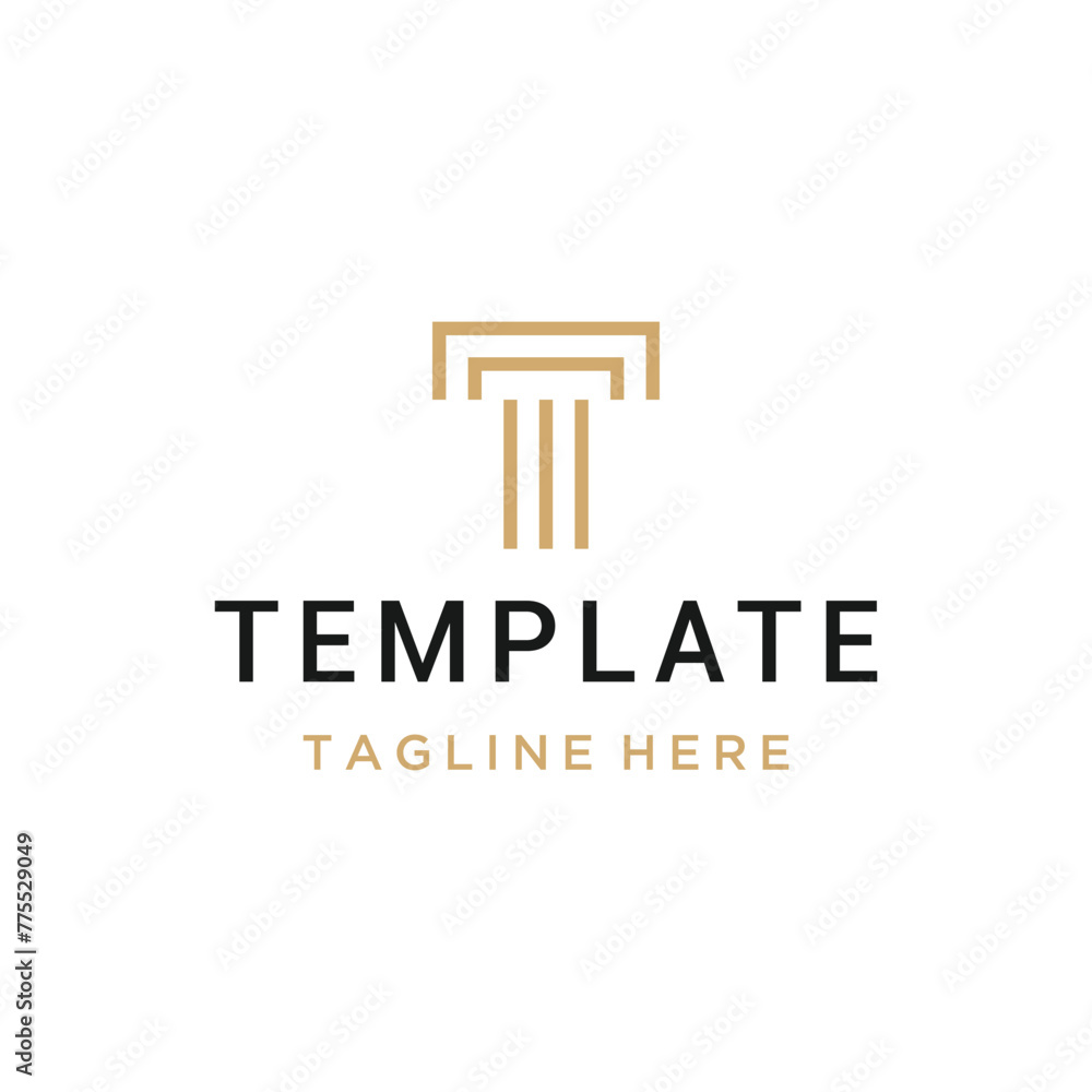 Poster golden initial letter t with roman pillar column for building architecture logo design