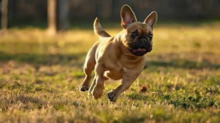 Fototapeta premium A Frenchie spinning in circles trying to catch its own tail, emphasizing their silly energy
