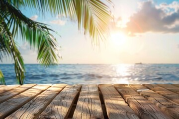 Wooden table overlooking the sea, palm trees and bokeh - blurry light of the sea and sky against the backdrop of a tropical beach. Empty space for product display