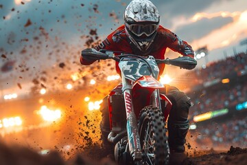 Exhilarating Motocross Event in Dramatic Stadium Setting with Dirt Bikes Soaring Amidst Clouds of Dust and Cheering Spectators