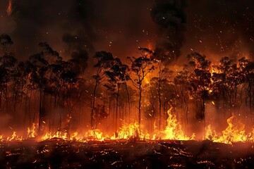 Devastating Forest Fire at Night, Burning Trees and Wildfire Destruction, Environmental Damage from Global Warming, Digital Art