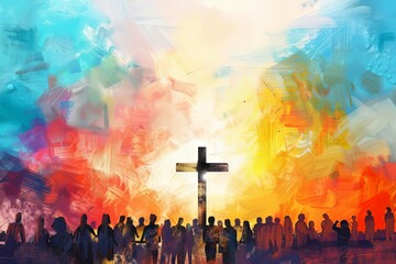 Diverse crowd surrounding the cross, modern religious painting illustration