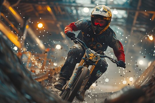Thrilling BMX Bike Competition in an Extreme Sport Stadium with Colorful Graffiti Style Graphics and Daring Stunts against an Urban Backdrop