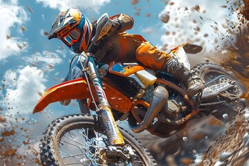 Exhilarating Motocross Racer Soaring High Amid Intense Competition and Rugged Terrain